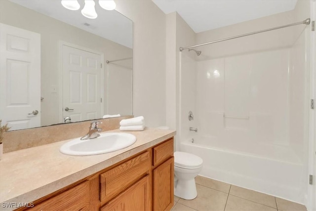 bathroom featuring tile patterned flooring, shower / washtub combination, toilet, and vanity