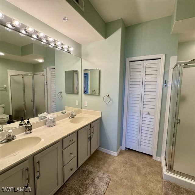 bathroom featuring a shower stall, toilet, a closet, and a sink