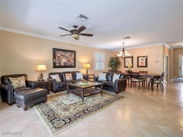 20240 Black Tree Ln, Estero, FL 33928 - living area with light tile patterned floors, visible vents, ceiling fan with notable chandelier, and ornamental molding