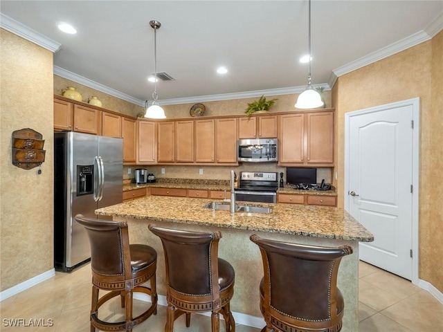 20240 Black Tree Ln, Estero, FL 33928 - kitchen with visible vents, ornamental molding, a sink, light stone counters, and appliances with stainless steel finishes