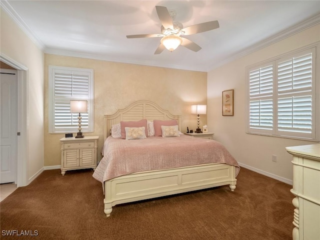20240 Black Tree Ln, Estero, FL 33928 - carpeted bedroom featuring a ceiling fan, crown molding, and baseboards