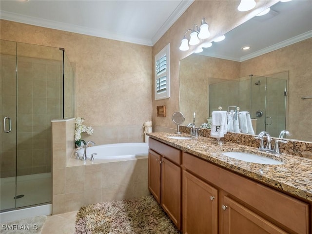 20240 Black Tree Ln, Estero, FL 33928 - full bath with crown molding, a bath, a stall shower, and a sink