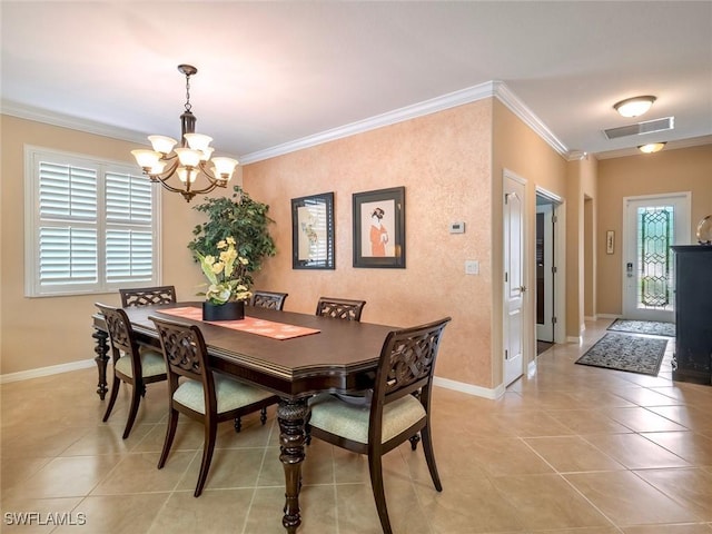 20240 Black Tree Ln, Estero, FL 33928 - dining room featuring visible vents, baseboards, a notable chandelier, and crown molding