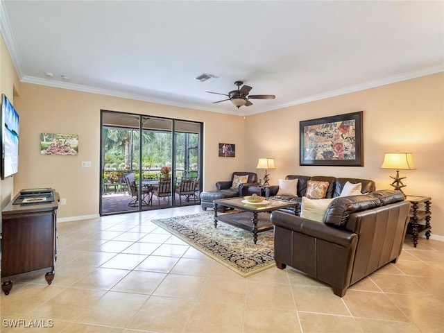 20240 Black Tree Ln, Estero, FL 33928 - living area featuring visible vents, crown molding, baseboards, light tile patterned floors, and a ceiling fan