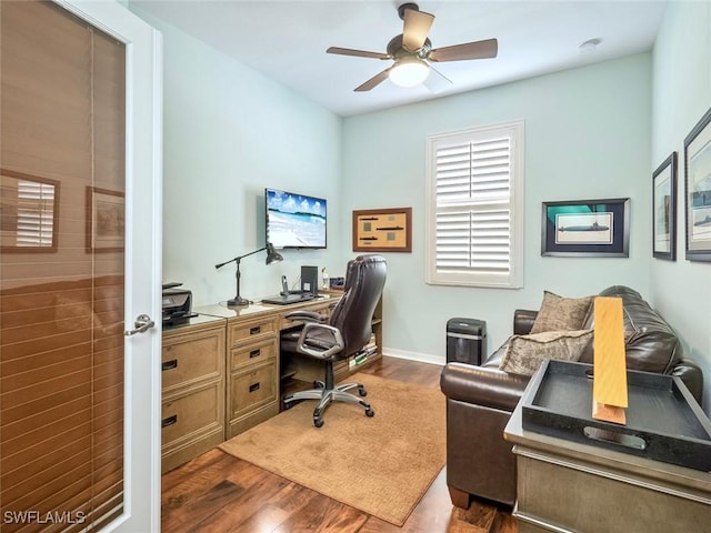20240 Black Tree Ln, Estero, FL 33928 - home office with wood finished floors, baseboards, and ceiling fan