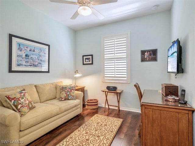 20240 Black Tree Ln, Estero, FL 33928 - living area with dark wood-type flooring, a ceiling fan, and baseboards