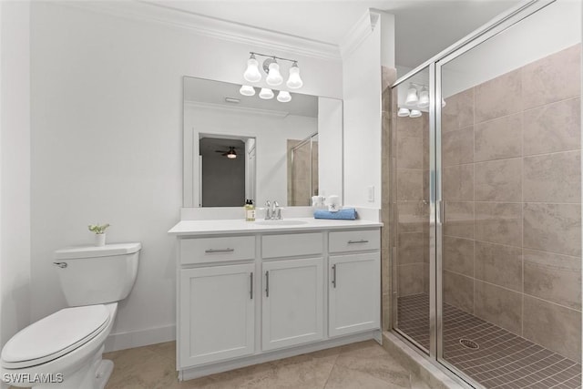 6058 National Blvd Unit 327, Ave Maria, FL 34142 - bathroom with vanity, a shower stall, crown molding, toilet, and tile patterned floors