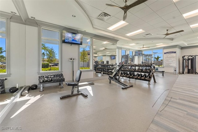 6058 National Blvd Unit 327, Ave Maria, FL 34142 - workout area featuring baseboards, a ceiling fan, visible vents, and a paneled ceiling