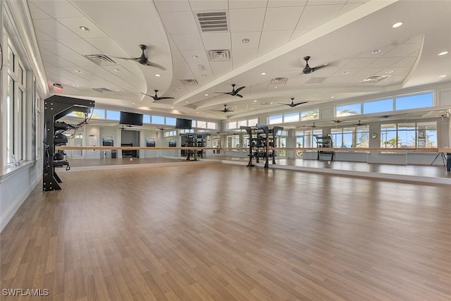 6058 National Blvd Unit 327, Ave Maria, FL 34142 - gym featuring wood finished floors, a ceiling fan, and visible vents