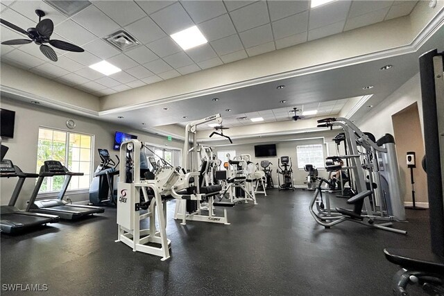 2604 Stonyhill Ct, Cape Coral, FL 33991 - exercise room featuring visible vents, a paneled ceiling, and a healthy amount of sunlight