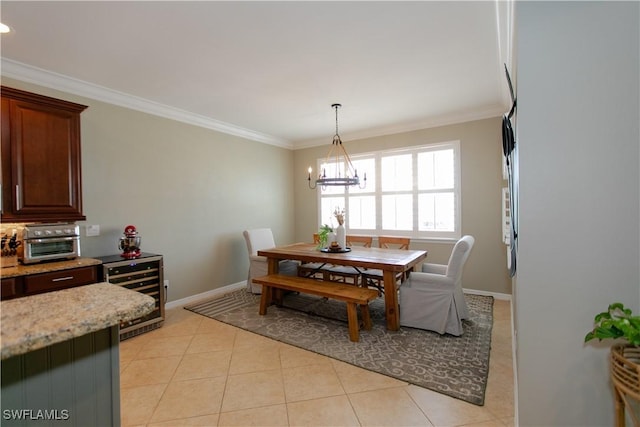 2604 Stonyhill Ct, Cape Coral, FL 33991 - dining area featuring a notable chandelier, baseboards, light tile patterned floors, crown molding, and beverage cooler