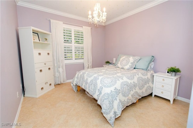 2604 Stonyhill Ct, Cape Coral, FL 33991 - bedroom featuring crown molding, light tile patterned floors, baseboards, and a chandelier