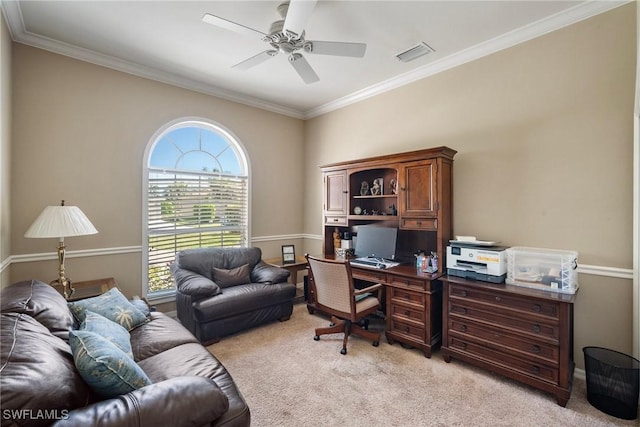 9846 Weather Stone Pl, Fort Myers, FL 33913 - home office featuring light colored carpet, healthy amount of natural light, a ceiling fan, and crown molding