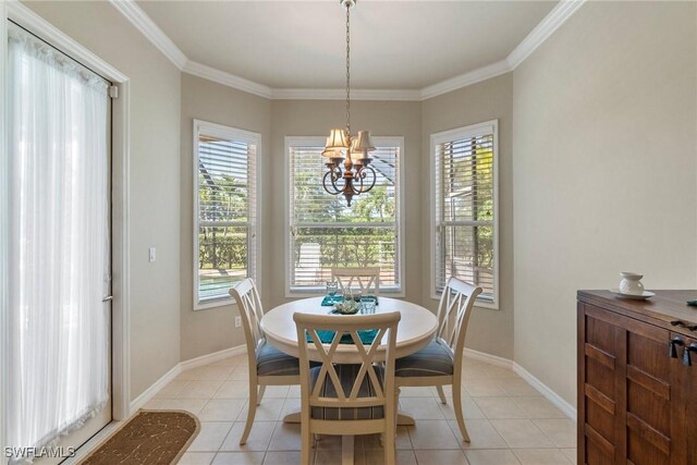 9846 Weather Stone Pl, Fort Myers, FL 33913 - dining space with a chandelier, plenty of natural light, light tile patterned floors, and ornamental molding