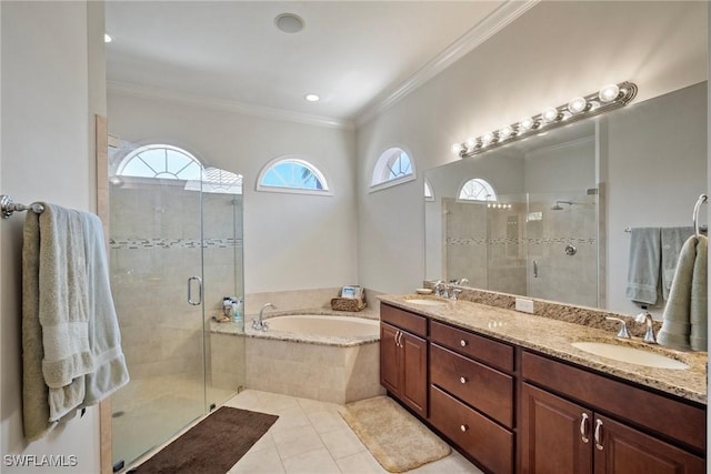 9846 Weather Stone Pl, Fort Myers, FL 33913 - bathroom featuring healthy amount of natural light, a bath, double vanity, a shower stall, and ornamental molding