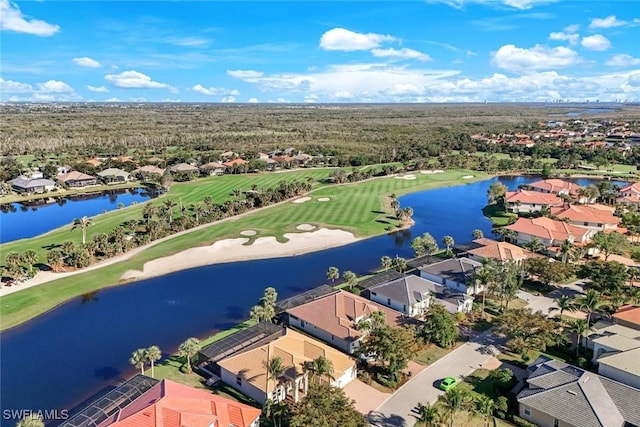 bird's eye view featuring a residential view, a water view, and view of golf course