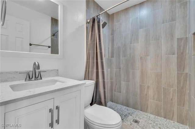 full bath featuring vanity, toilet, and tiled shower