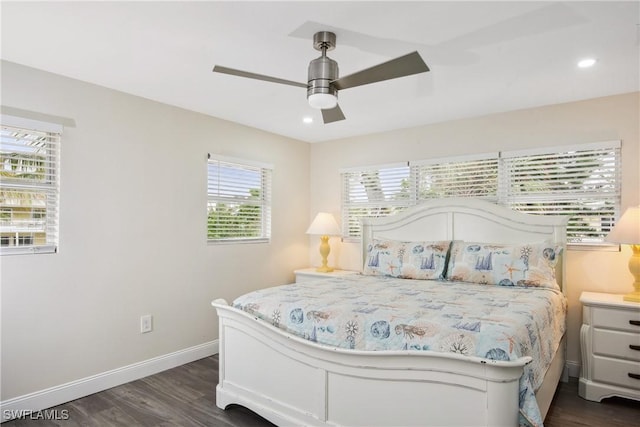 bedroom featuring baseboards, a ceiling fan, recessed lighting, and dark wood-style flooring