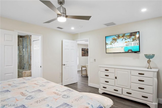 bedroom featuring baseboards, ceiling fan, visible vents, and dark wood finished floors