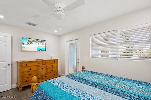 bedroom featuring recessed lighting, baseboards, visible vents, ceiling fan, and wood finished floors