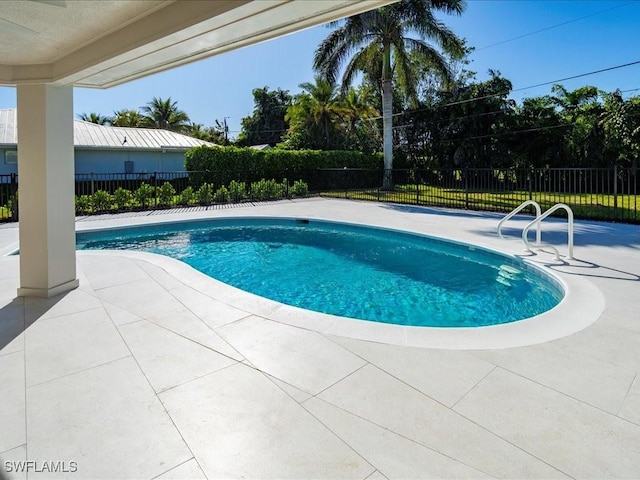 view of swimming pool featuring fence, a patio area, and a fenced in pool