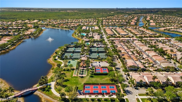aerial view featuring a residential view and a water view