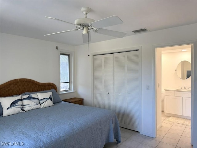 484 Gulf Bend Dr, Captiva, FL 33924 - bedroom with visible vents, a ceiling fan, a sink, a closet, and light tile patterned floors