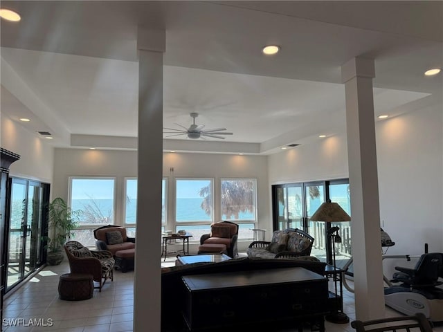 484 Gulf Bend Dr, Captiva, FL 33924 - living room featuring light tile patterned flooring, visible vents, recessed lighting, and a ceiling fan
