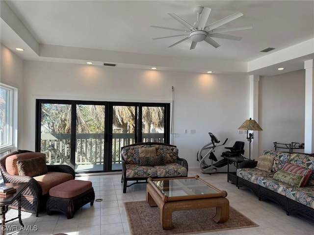 484 Gulf Bend Dr, Captiva, FL 33924 - living area with recessed lighting, a ceiling fan, visible vents, and light tile patterned flooring
