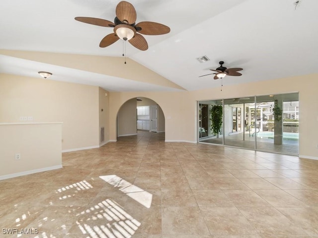 4538 SE 6th Ct, Cape Coral, FL 33904 - tiled spare room with visible vents, arched walkways, ceiling fan, and vaulted ceiling