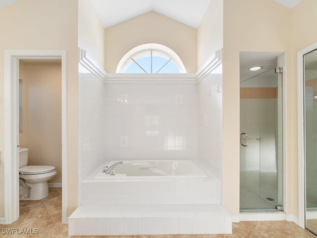 4538 SE 6th Ct, Cape Coral, FL 33904 - full bath with tile patterned floors, a garden tub, toilet, a shower stall, and lofted ceiling