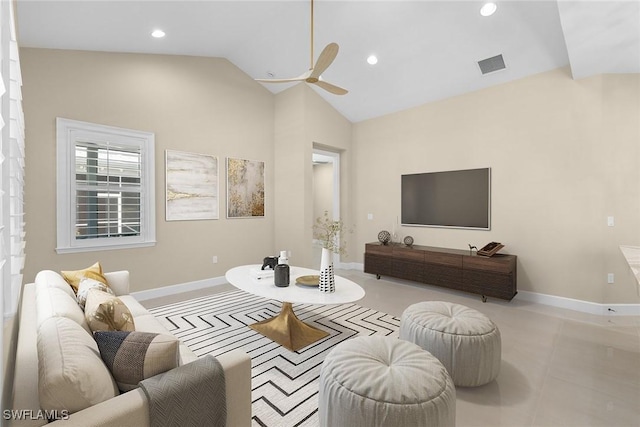 7282 Saona Ct, Naples, FL 34113 - living area featuring a ceiling fan, lofted ceiling, recessed lighting, baseboards, and tile patterned floors