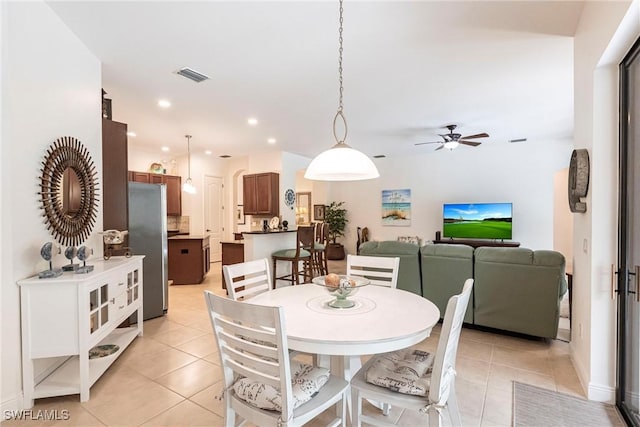 dining space featuring light tile patterned floors, visible vents, recessed lighting, and a ceiling fan