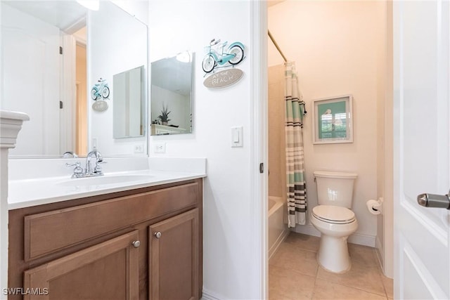full bathroom with tile patterned flooring, vanity, shower / tub combo with curtain, toilet, and baseboards