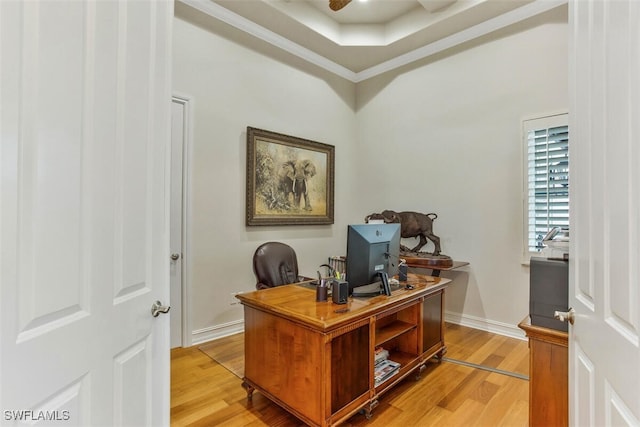 office space featuring baseboards, a tray ceiling, light wood-style flooring, and a ceiling fan
