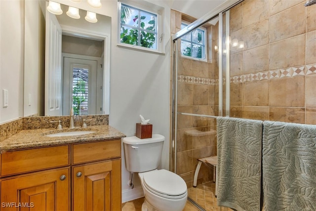 bathroom featuring toilet, plenty of natural light, a stall shower, and vanity