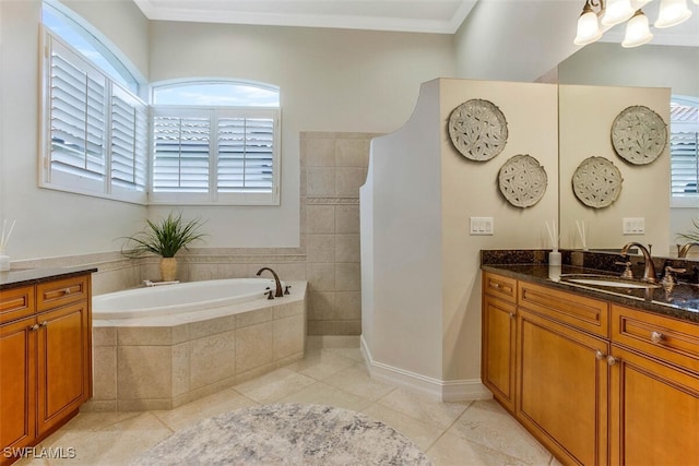 full bath featuring crown molding, vanity, a garden tub, tile patterned flooring, and walk in shower