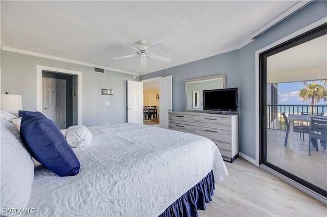 2445 W Gulf Dr Unit 21E, Sanibel, FL 33957 - bedroom with a ceiling fan, visible vents, ornamental molding, light wood-style floors, and access to outside