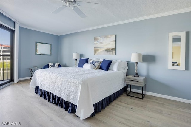 2445 W Gulf Dr Unit 21E, Sanibel, FL 33957 - bedroom with light wood finished floors, crown molding, baseboards, a ceiling fan, and access to outside