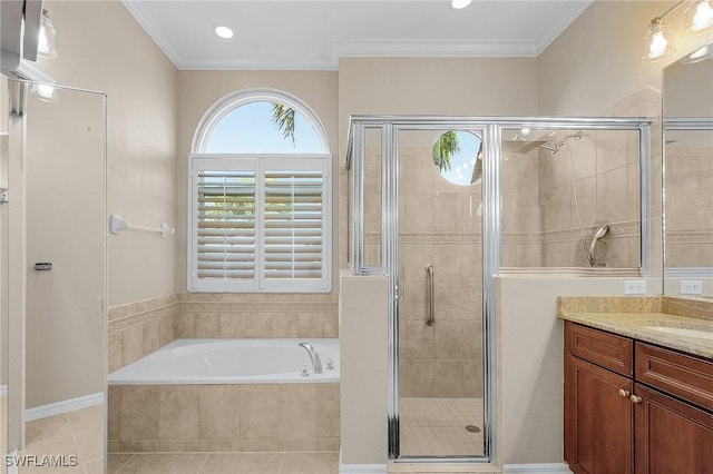 13773 Ox Bow Rd, Fort Myers, FL 33905 - bathroom with tile patterned flooring, ornamental molding, a stall shower, a bath, and vanity