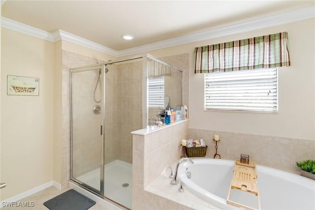 13570 San Georgio Dr, Estero, FL 33928 - full bathroom with a bath, crown molding, baseboards, and a shower stall