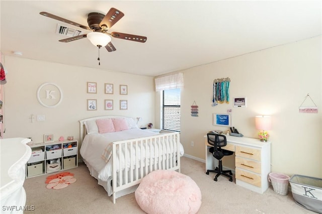 13570 San Georgio Dr, Estero, FL 33928 - bedroom with light carpet, ceiling fan, and visible vents