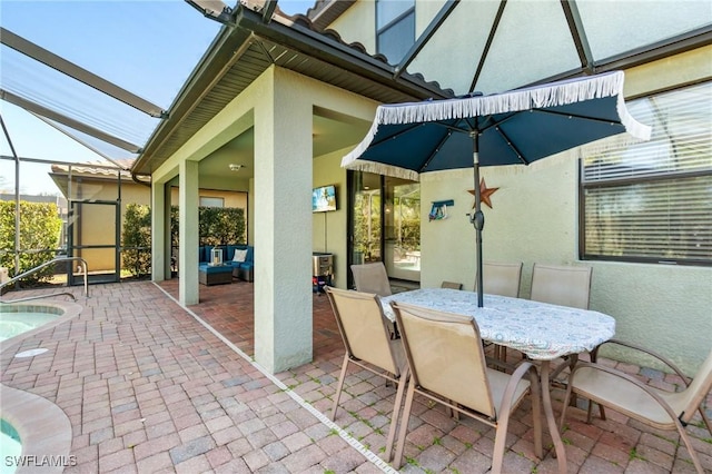 13570 San Georgio Dr, Estero, FL 33928 - view of patio / terrace featuring an outdoor pool, an outdoor hangout area, a lanai, and outdoor dining space