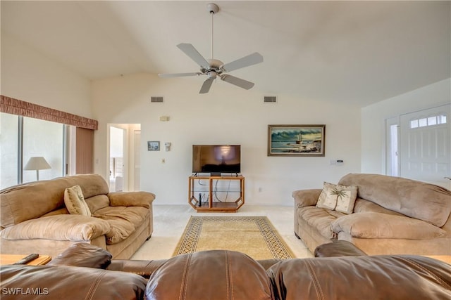 living area with carpet, ceiling fan, and visible vents