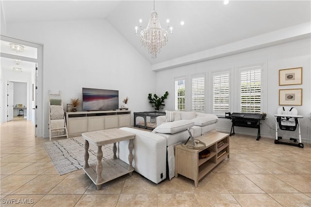 505 Harbour Dr, Naples, FL 34103 - living room featuring high vaulted ceiling, light tile patterned floors, and a chandelier