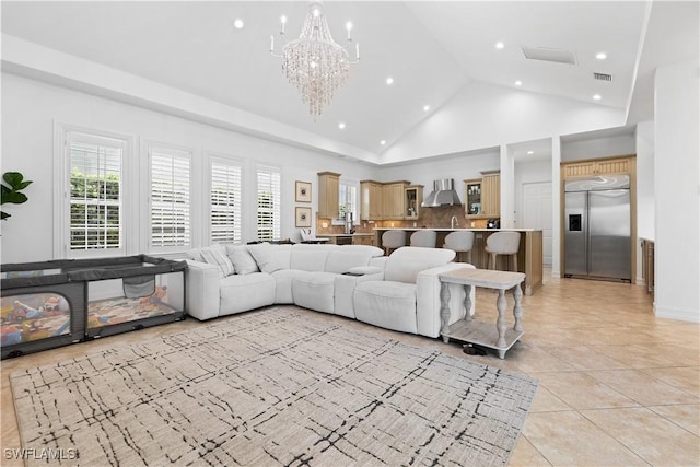 505 Harbour Dr, Naples, FL 34103 - living room featuring visible vents, light tile patterned floors, an inviting chandelier, recessed lighting, and high vaulted ceiling