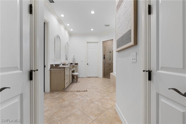 505 Harbour Dr, Naples, FL 34103 - full bath featuring a shower stall, vanity, ornamental molding, recessed lighting, and tile patterned floors