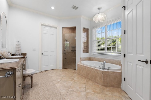 505 Harbour Dr, Naples, FL 34103 - bathroom with a stall shower, tile patterned flooring, crown molding, a bath, and visible vents
