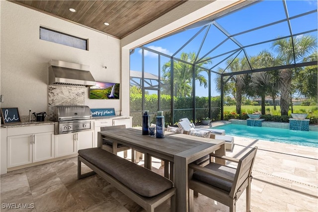 view of patio with grilling area, area for grilling, an outdoor pool, a lanai, and outdoor dining area