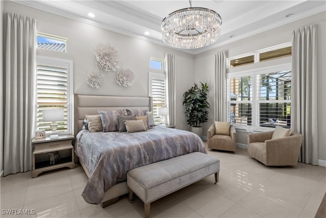 bedroom with ornamental molding, a chandelier, light tile patterned flooring, recessed lighting, and a tray ceiling